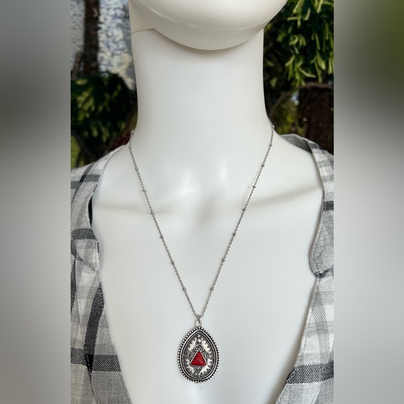 Western Chic Silver & Red Necklace - Long Artsy Necklace -Bohemian Necklace - Picture 9 of 9